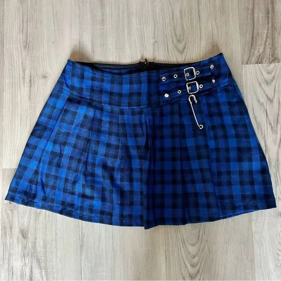 NWT vintage Lip Service blue plaid miniskirt with buckles and safety pin sz S - Picture 1 of 13